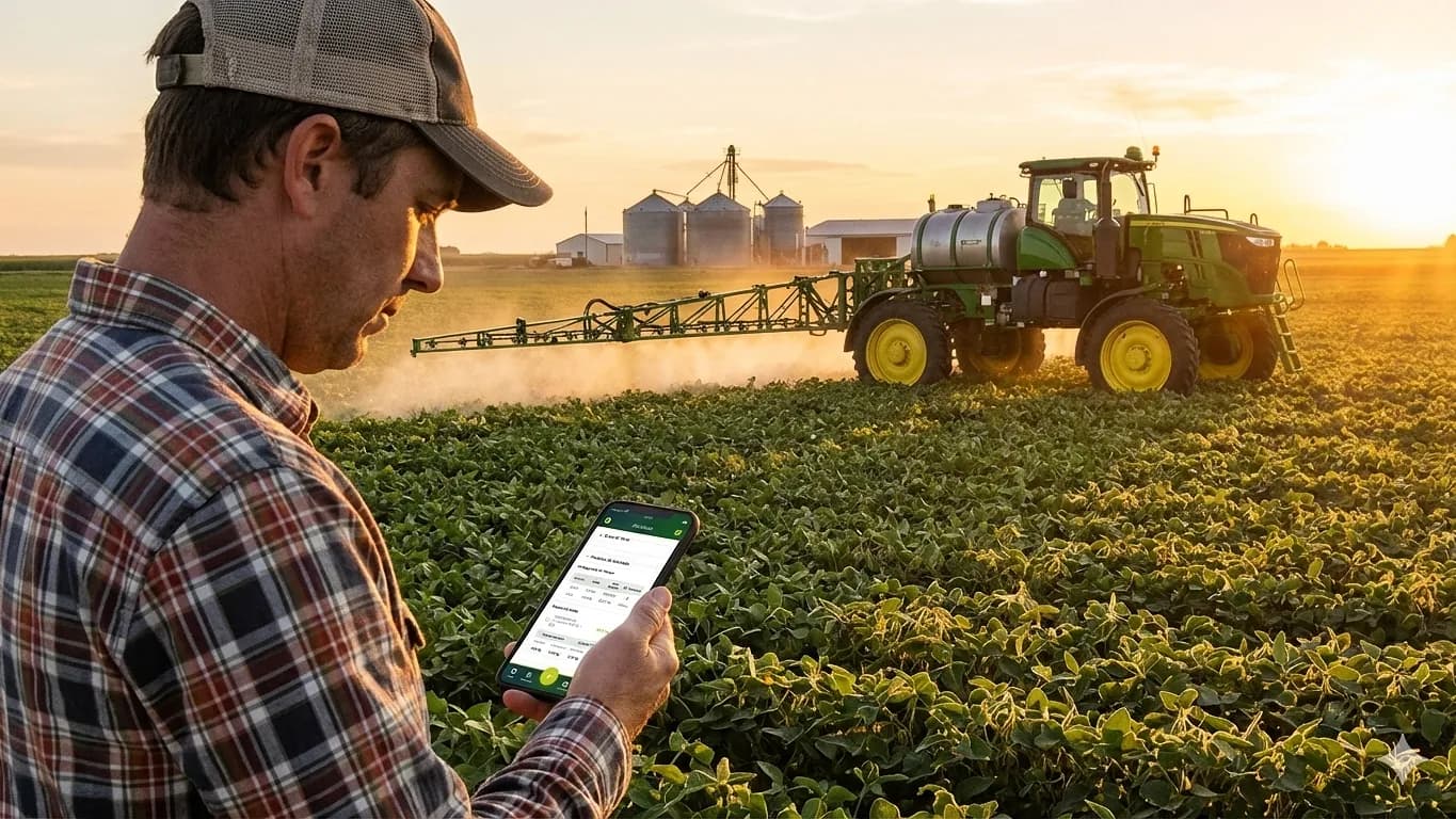 Ilustração de um agricultos e um trator ao fundo em uma plantação com gestão rural moderna com controle operacional e dados no Agtor Enterprise