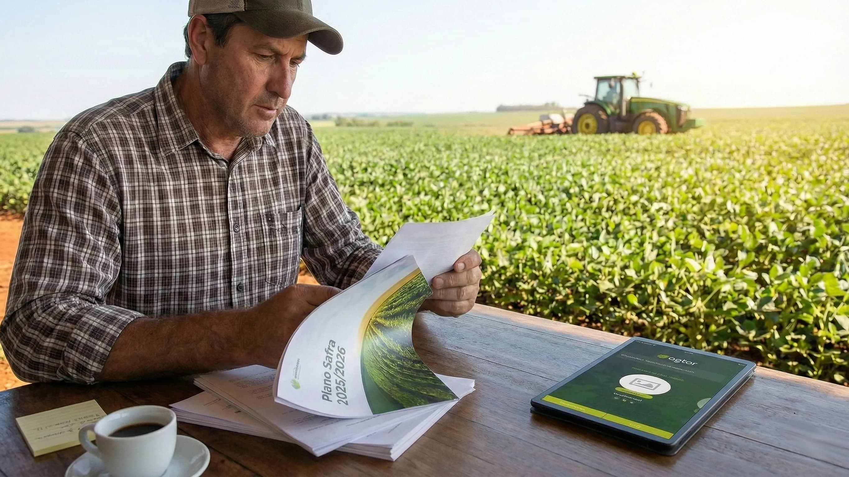 Produtor rural analisando documentos de crédito com uma lavoura ao fundo