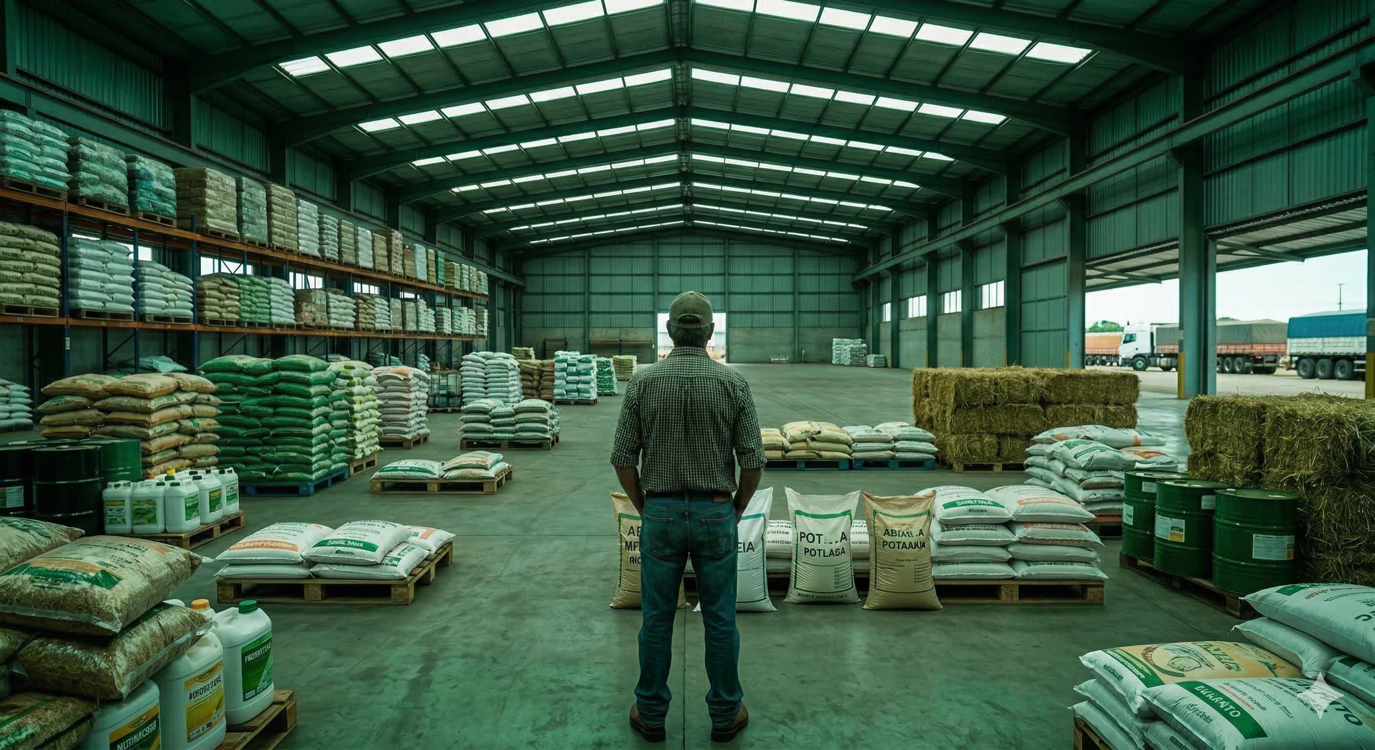 Produtor rural gerenciando estoque de fertilizantes com tablet no campo